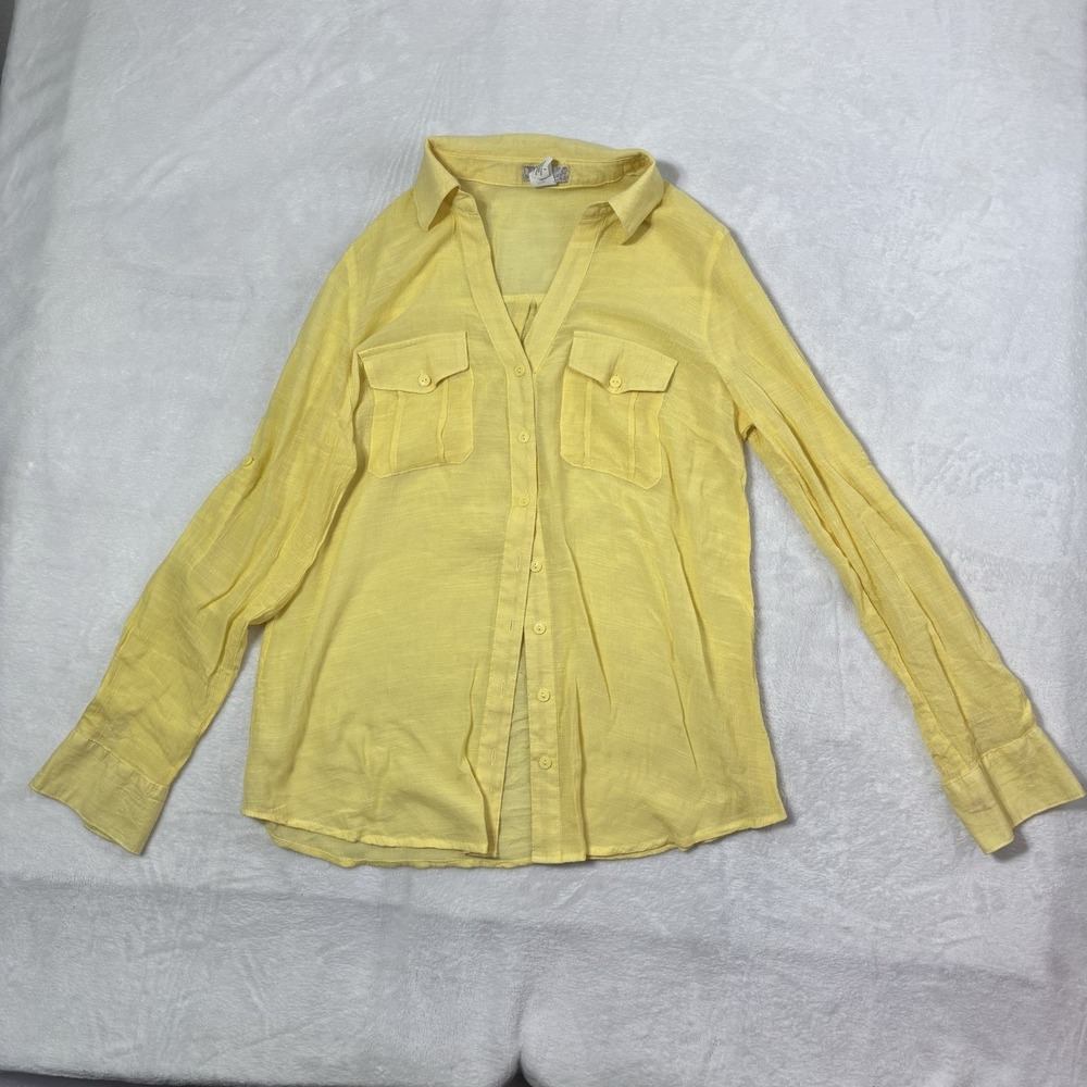 Y2K Ivy Ridge Sheer Yellow Button Down Long Sleeve Collared Blouse‎ Women's L